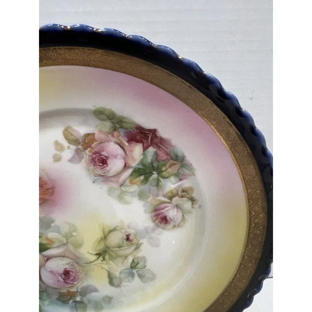 Vintage Hand Painted Porcelain Blue Bright Plate Roses Gold Gilt Scalloped Edge